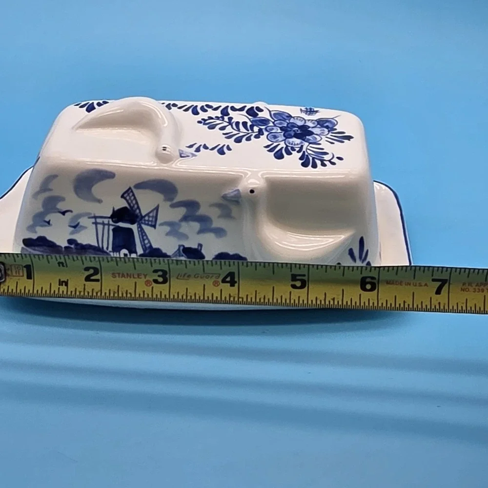 Hand Painted Delfts Blue Butter Dish Ducks Windmill Floral